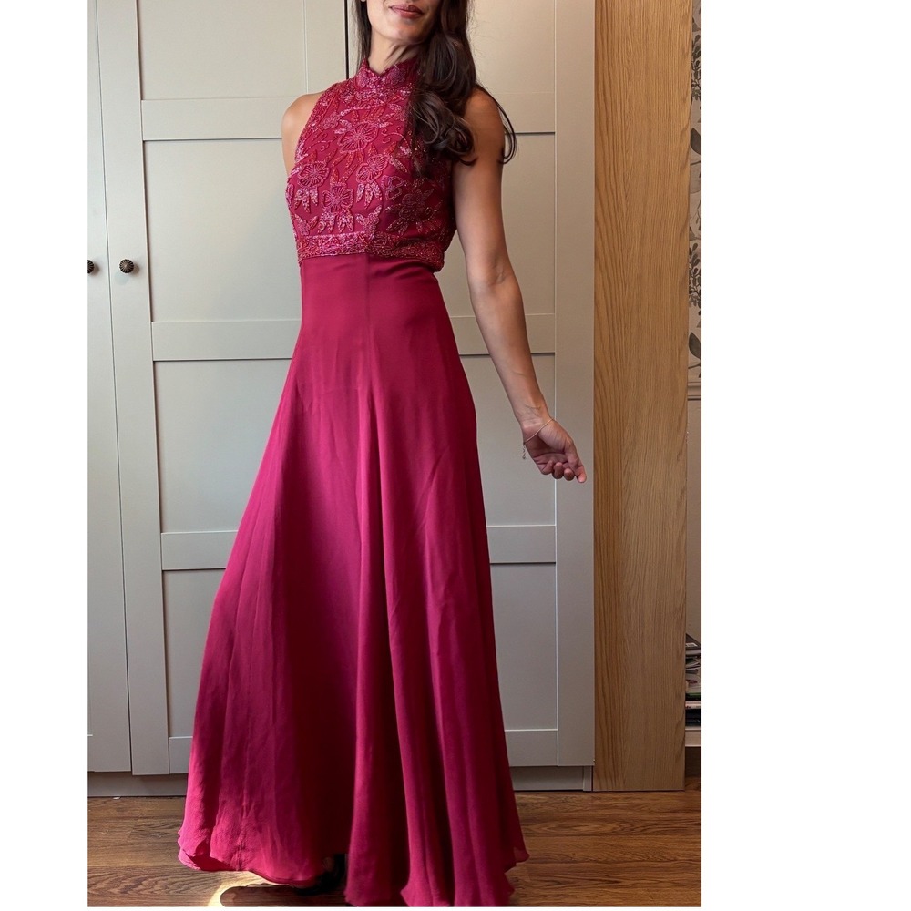 Vintage Cranberry Red Beaded Silk Mock Neck Formal Maxi Gown Dress